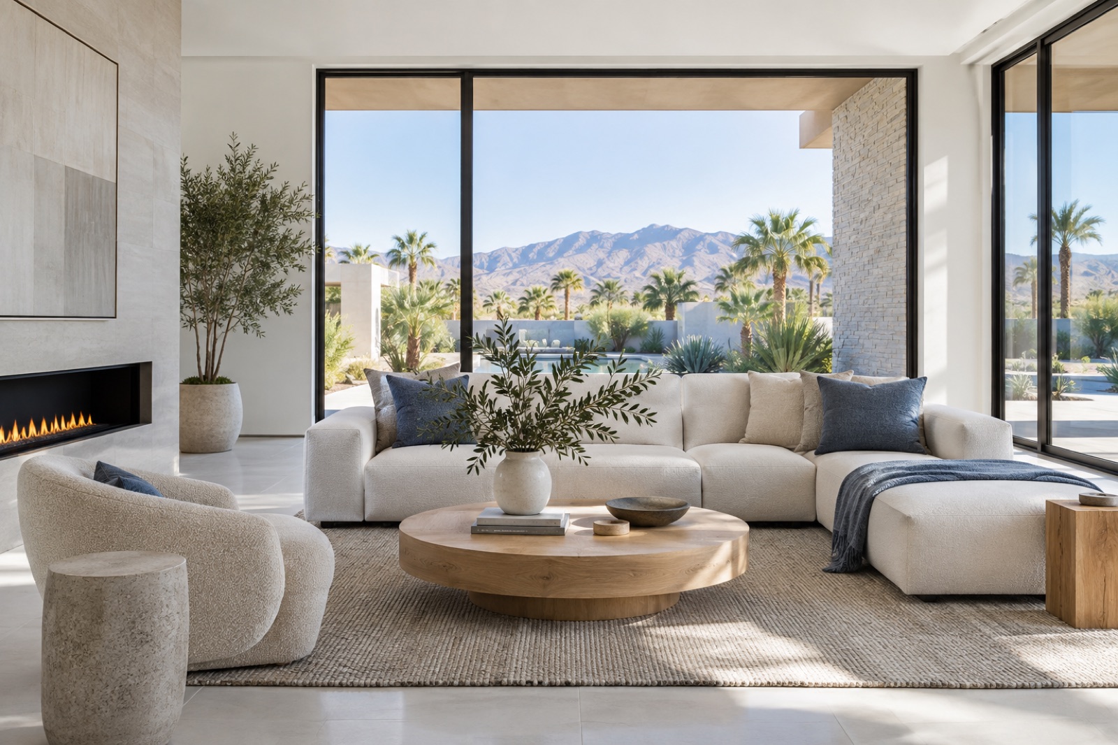 A bright, clean living room overlooking desert landscaping and mountains