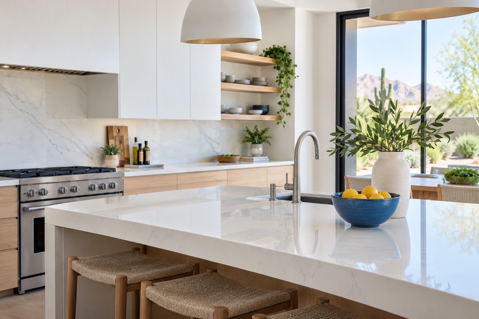 A bright kitchen with a clean quartz island